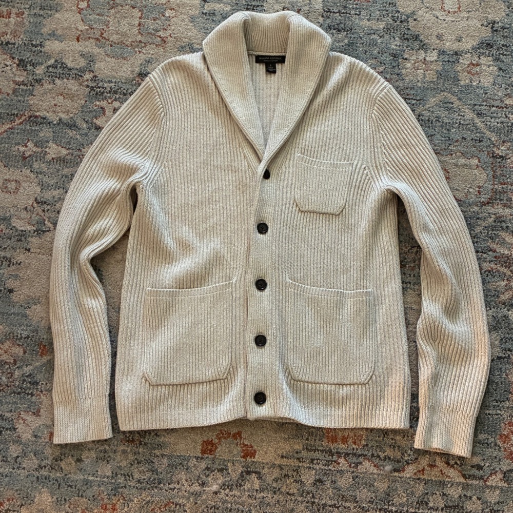 Banana Republic Cardigan Mens S Beige Ribbed Shawl Collar Supima Cotton Sweater